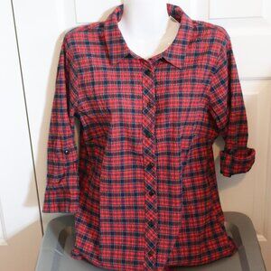 Morgan Crossing Lightweight Plaid Button Down 3/4 Sleeve Textured Women's Top 12
